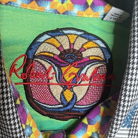 Robert Graham Houndstooth Stripe Embroidered Dress Shirt Large - Picture 7 of 15